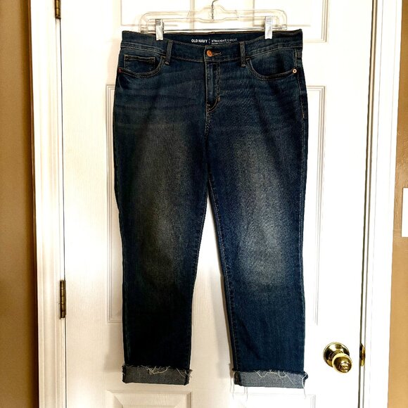 Old Navy Women’s Mid-Rise Straight Jeans Sz 10 Regular Dark Wash Frayed Hem - Picture 1 of 7